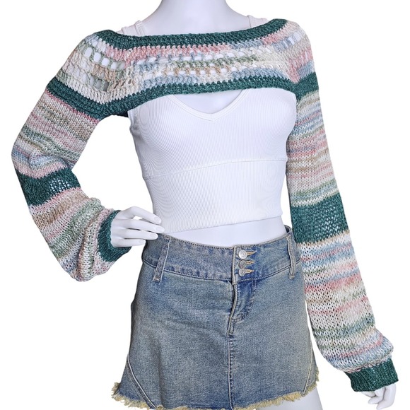 Crochet Knit Shrug Bolero Arm Warmers Sleeves Green Multi Color Block Festival - Picture 1 of 8